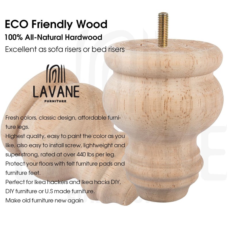 La Vane 3 inch / 8cm Unfinished Wooden Furniture Legs, 4PCS Soild Wood Turned Spindle Replacement Bun Feet with Pre-Drilled M8 Inch Bolt & Mounting Plate for Sofa Couch Chair Ottoman - Image 3